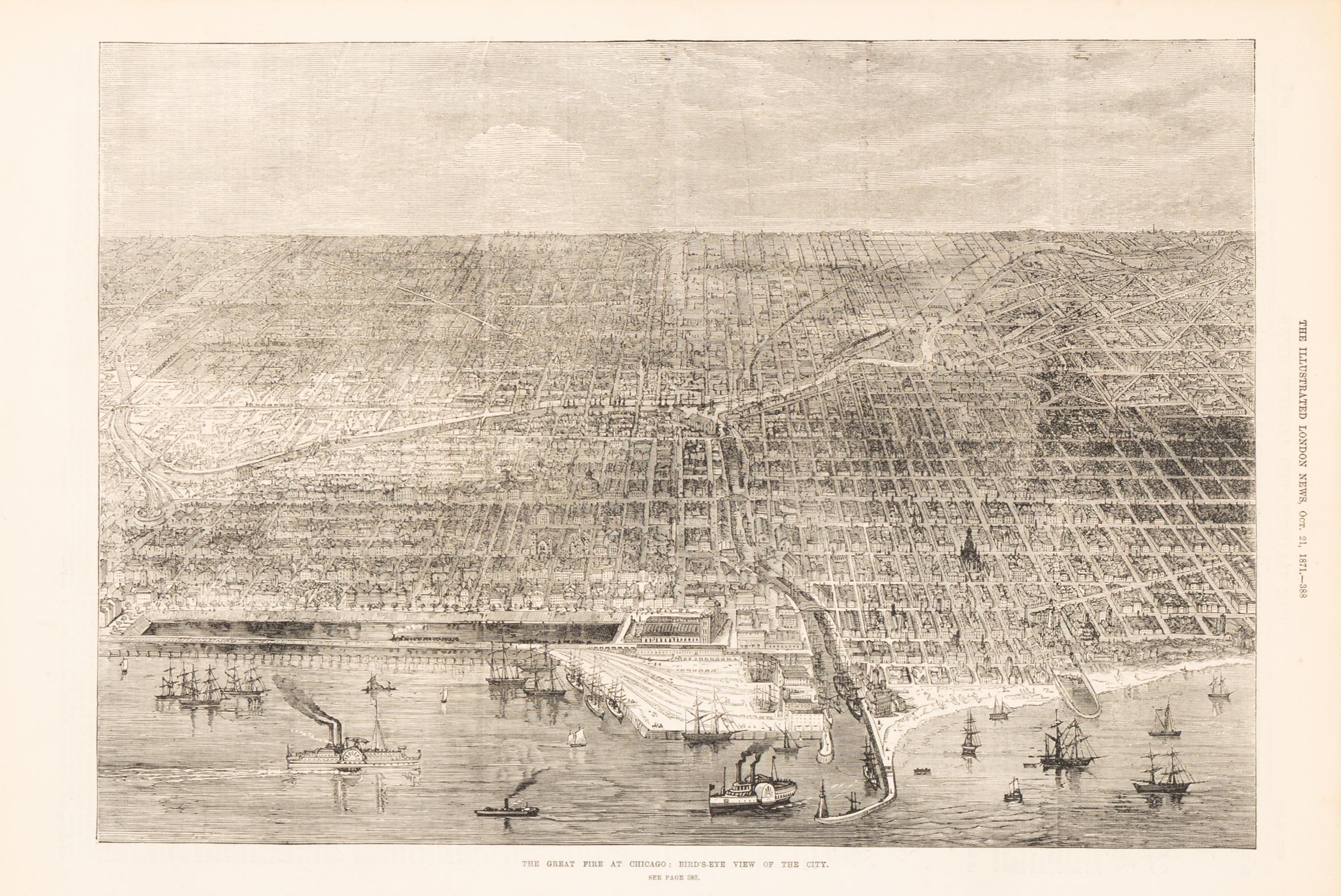 [Chicago Fire]. A group of 10 prints and 2 paintings, showing views of Chicago before and after the Great Fire, including: