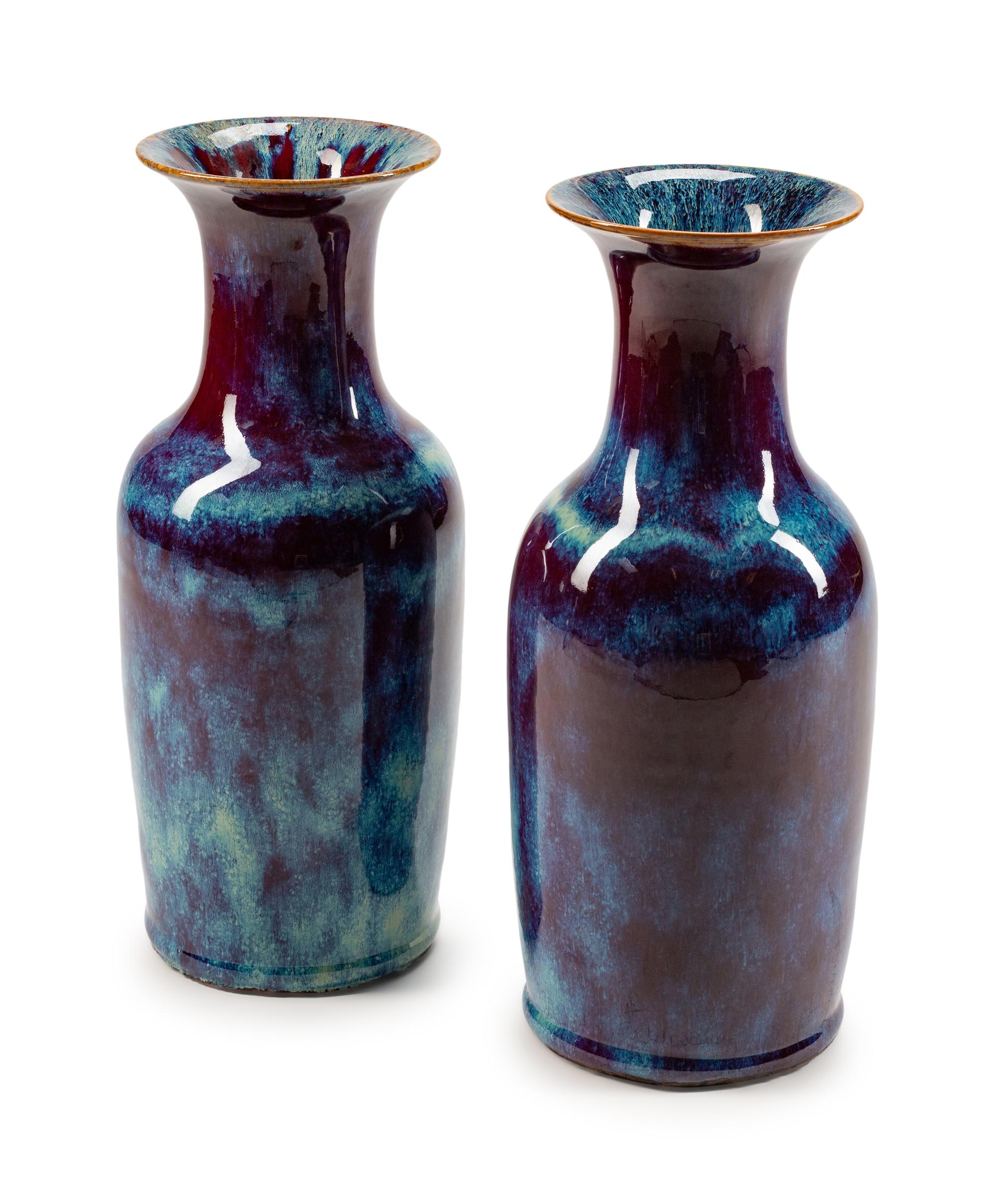 A Pair of Chinese Flambe-Glazed Porcelain Baluster-Form Vases