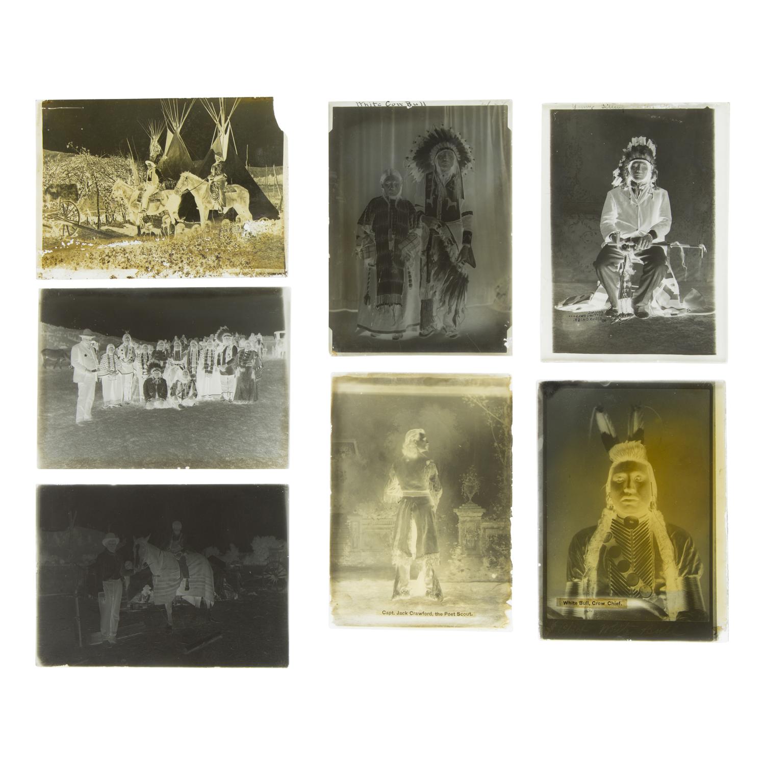 [Western Americana]. A group of 17 magic lantern slides and glass negatives, including towns, Native American subjects, and other personalities.