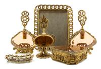 An Assembled Gilt Metal Mounted Dresser Set, Height of tallest 10 1/4 inches.