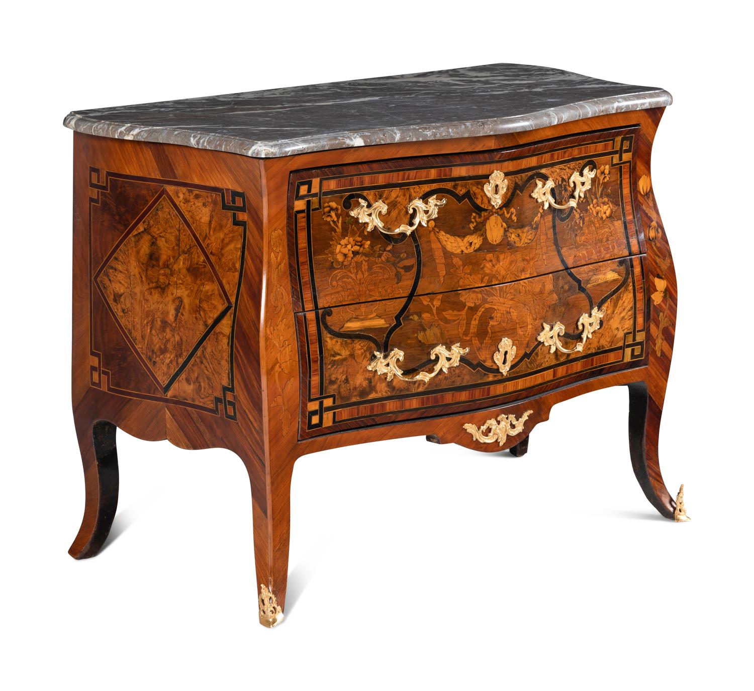 A Louis XV Style Gilt Bronze Mounted Marquetry Marble-Top Commode