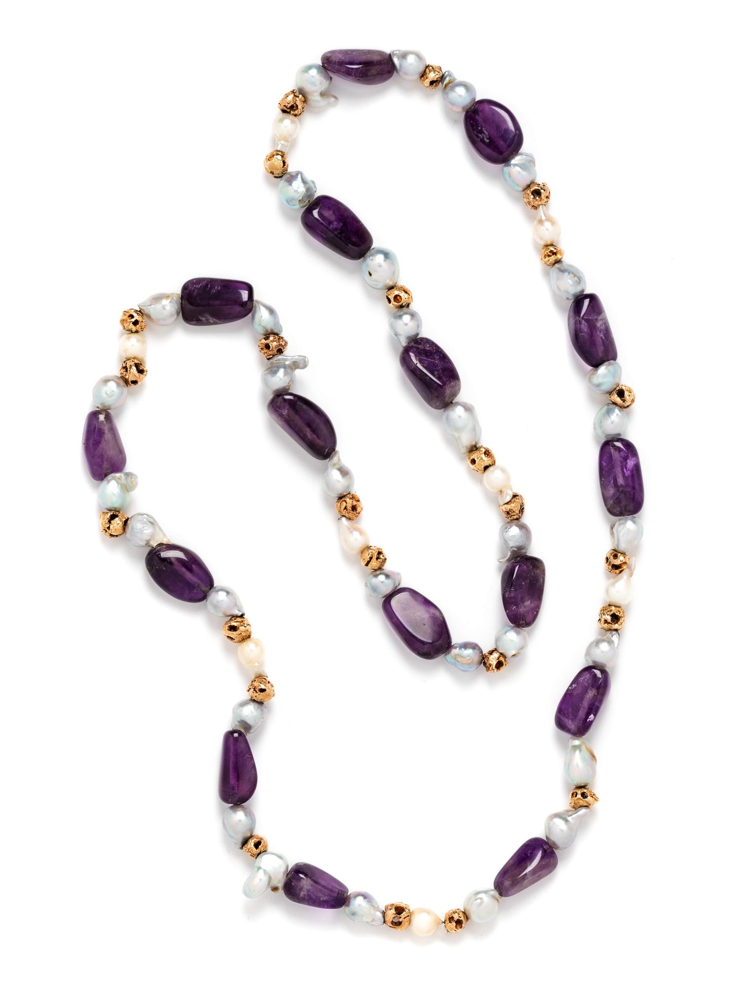 A Yellow Gold, Amethyst and Cultured Pearl Bead Necklace,