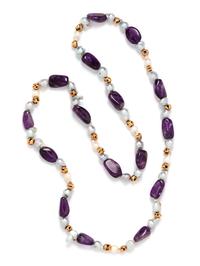 A Yellow Gold, Amethyst and Cultured Pearl Bead Necklace,