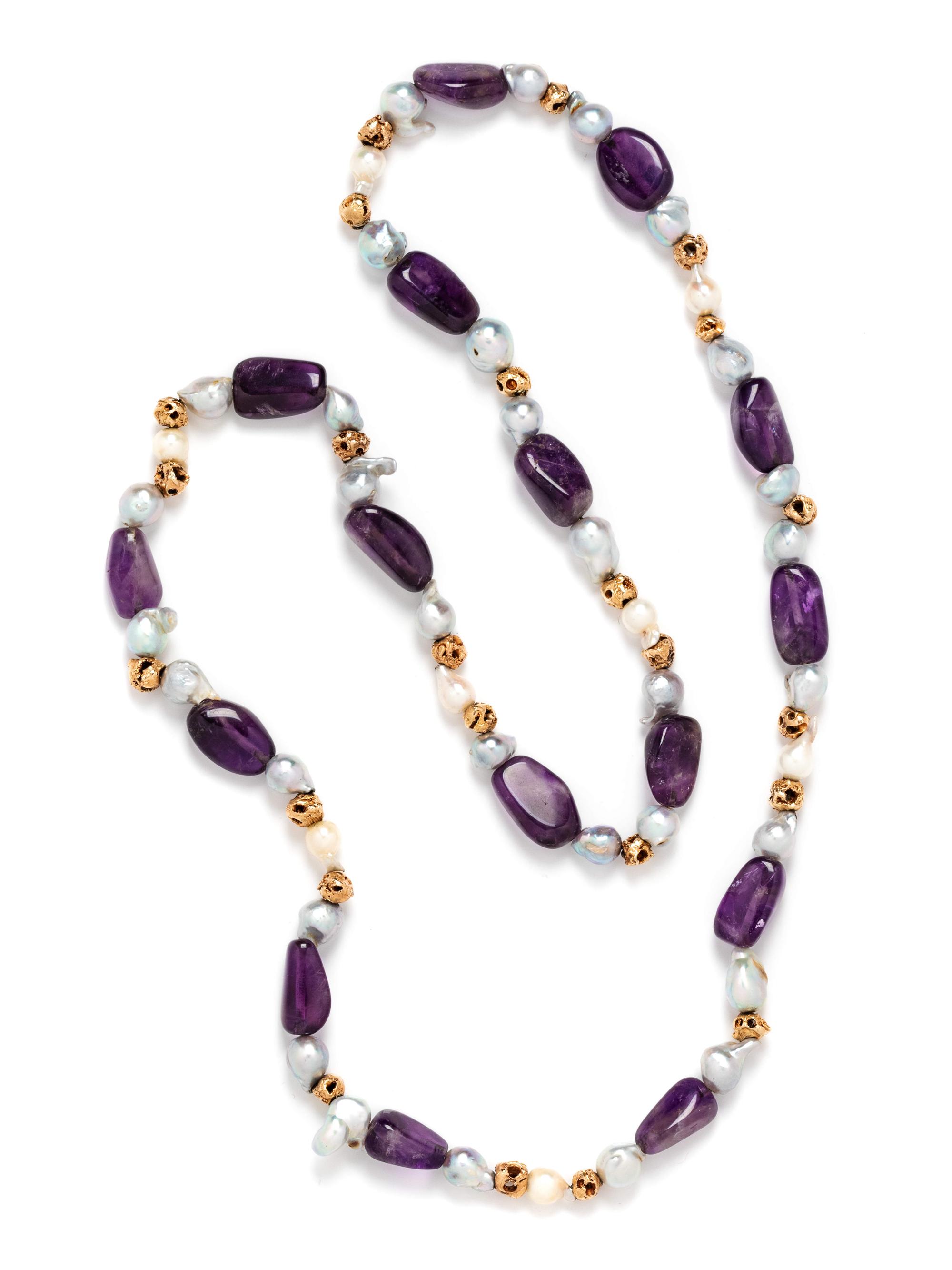A Yellow Gold, Amethyst and Cultured Pearl Bead Necklace,