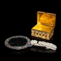Two Chinese Jade and Jadeite Inset Lady's Accessories, Early 20th Century — 民國 累絲嵌寳首飾盒及手把鏡一組