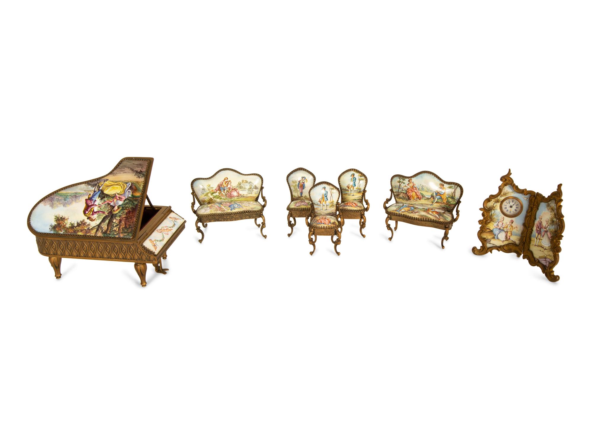 Seven Viennese Enamel Miniature Furniture Pieces — 19th Century