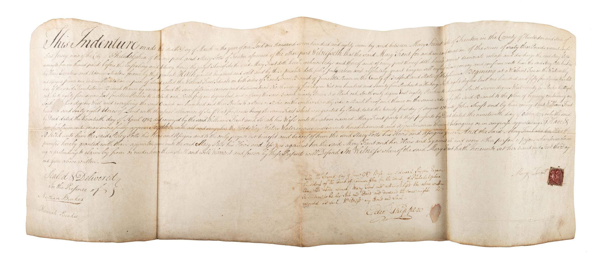 [COLONIAL] - [INDENTURE] Signed by Edward Shippen (IV) as President of the Court of Common Pleas. 2 June 1787.