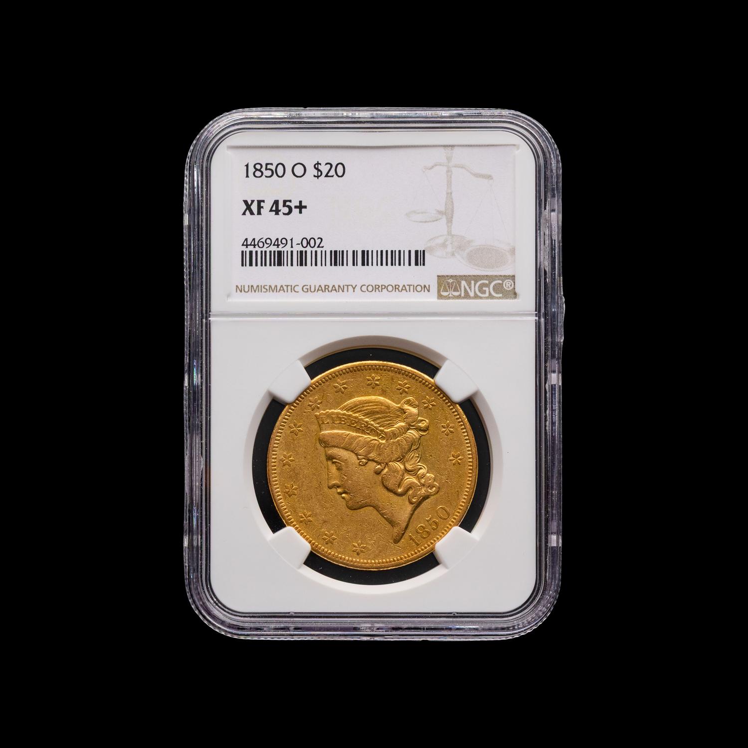 An 1850-O Liberty Head $20 Gold Coin [NGC XF 45+]
