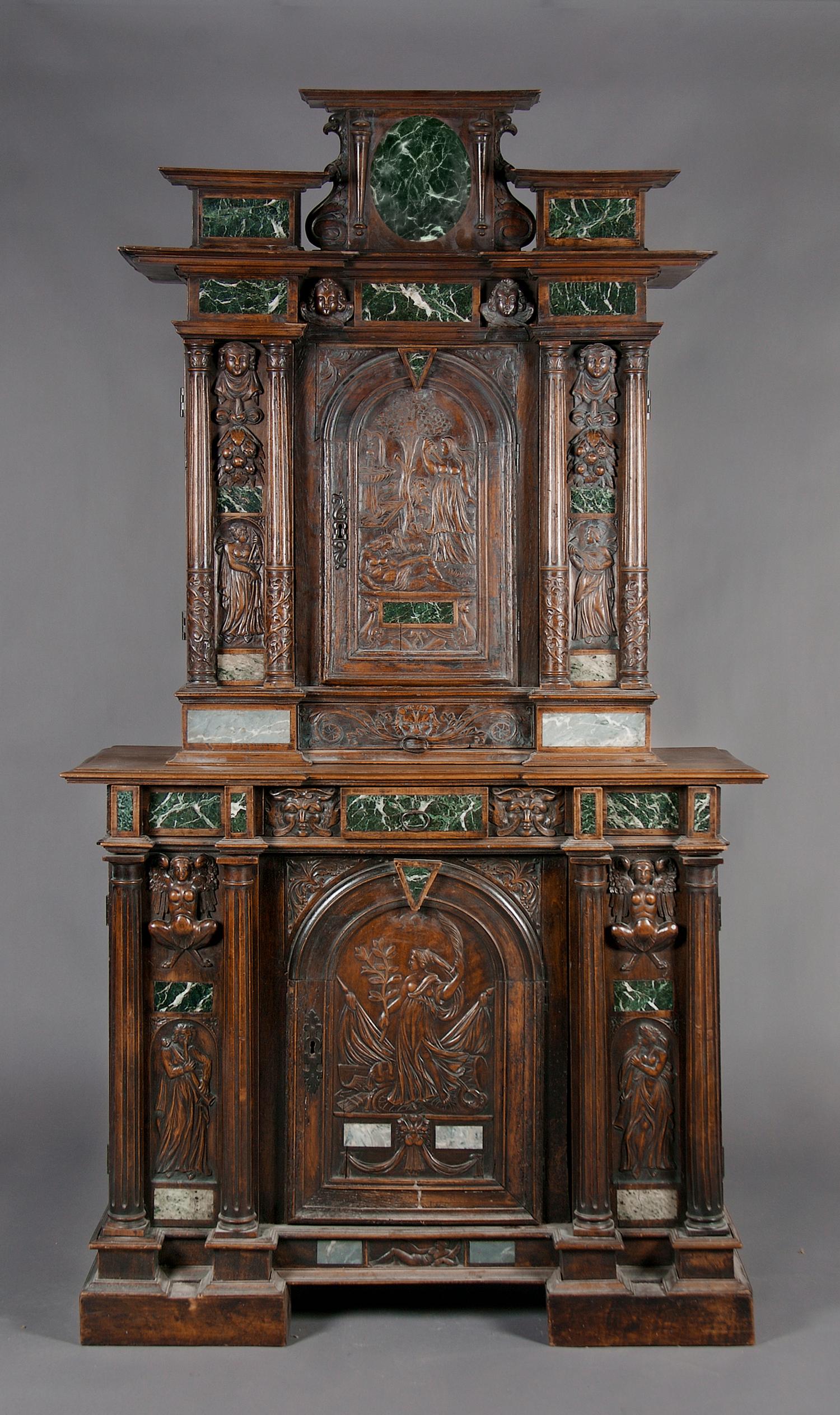 A Henry II Style Marble-Inset Walnut Credenza, Height 84 x width 45 x depth 19 inches.