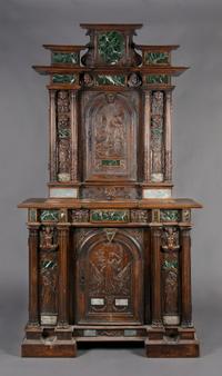 A Henry II Style Marble-Inset Walnut Credenza, Height 84 x width 45 x depth 19 inches.