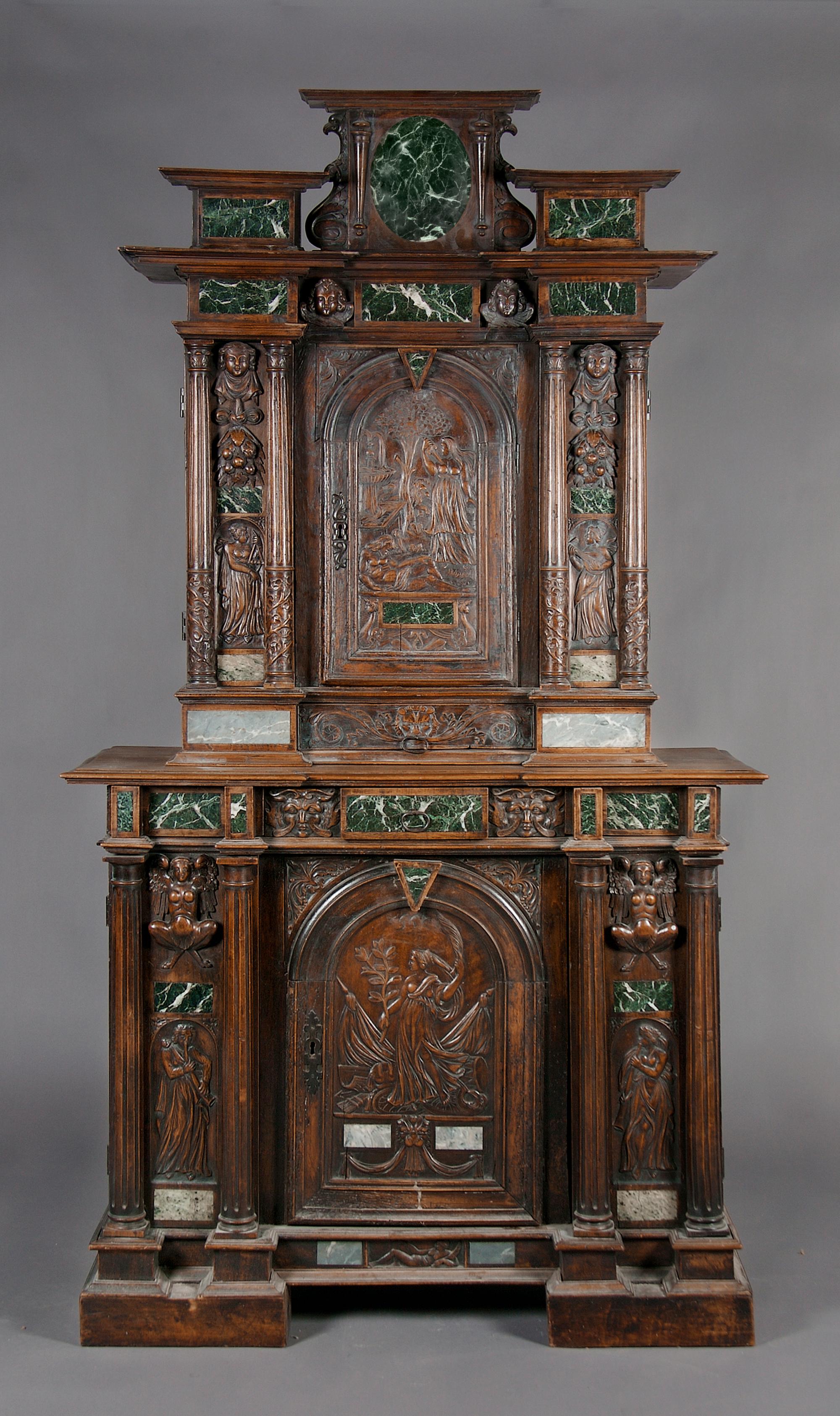 A Henry II Style Marble-Inset Walnut Credenza, Height 84 x width 45 x depth 19 inches.