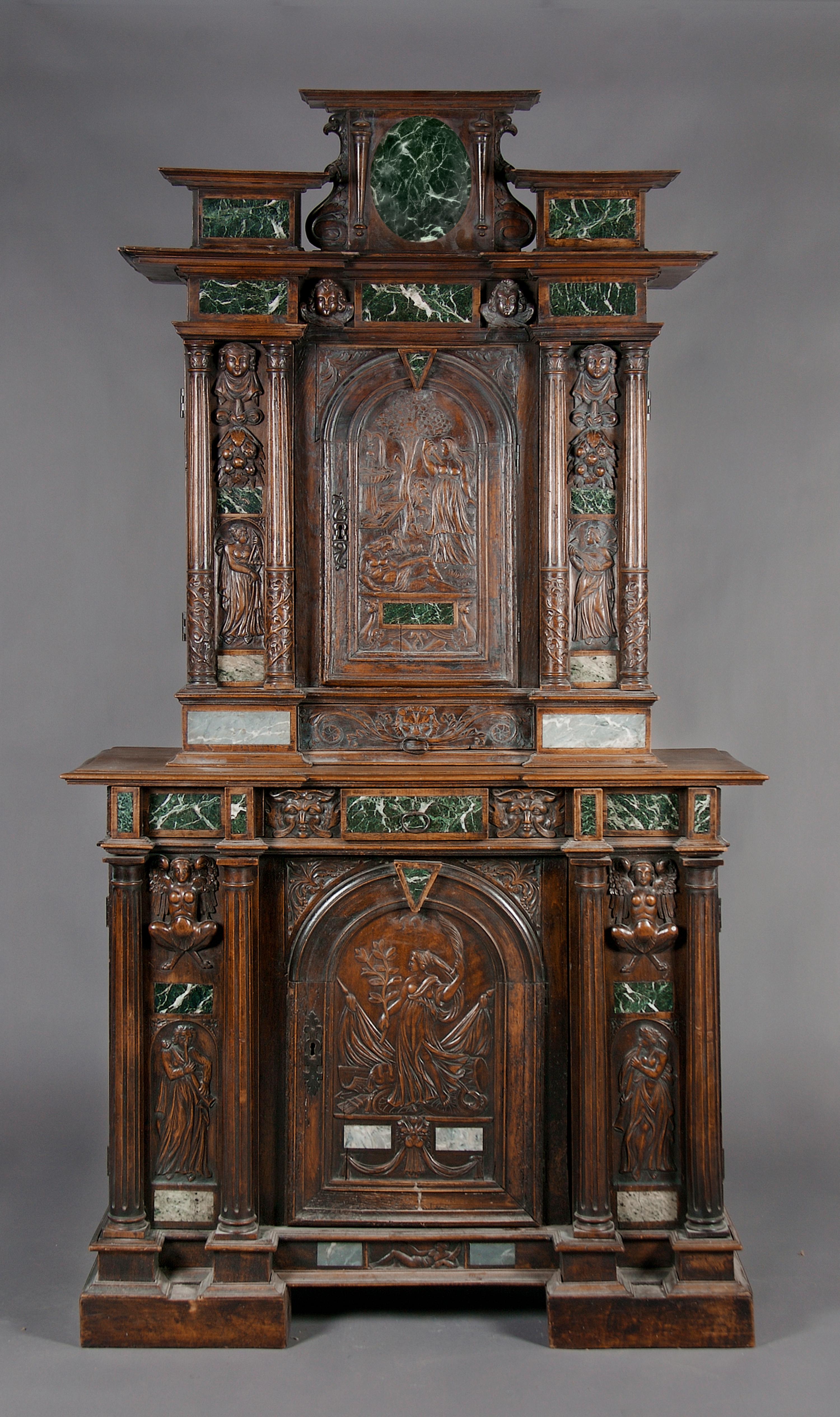 A Henry II Style Marble-Inset Walnut Credenza, Height 84 x width 45 x depth 19 inches.