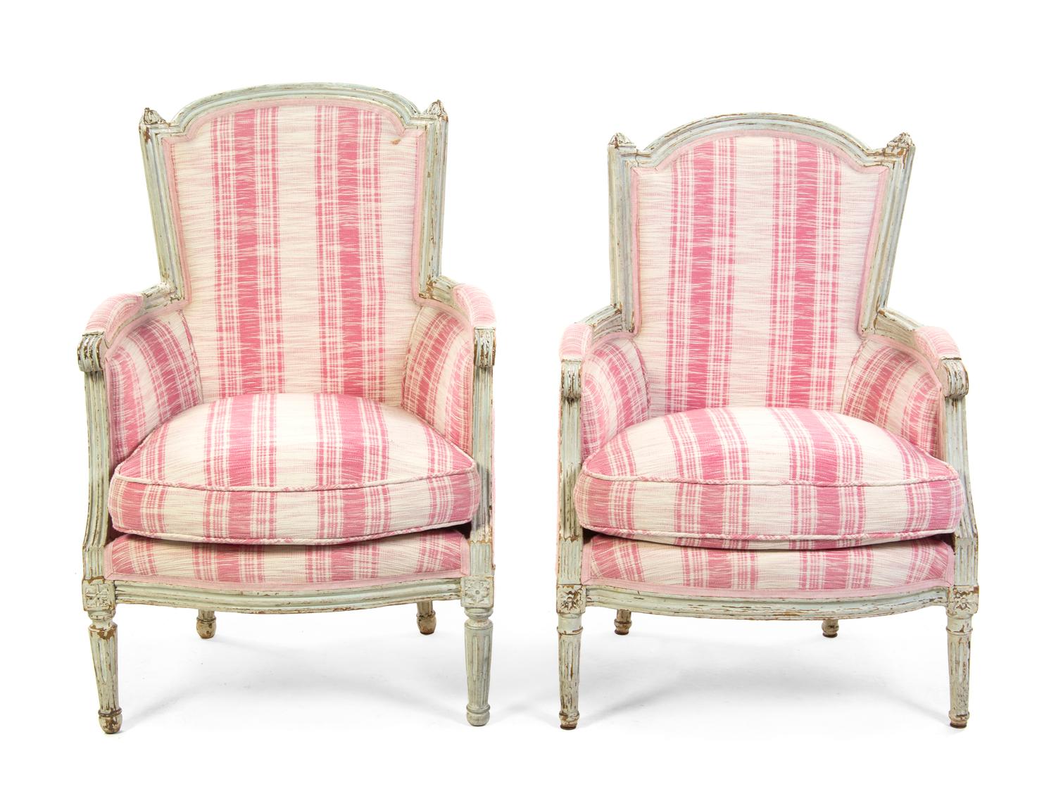 A Pair of Louis XVI Style Painted Bergeres, Height 37 1/4 inches.