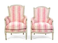 A Pair of Louis XVI Style Painted Bergeres, Height 37 1/4 inches.
