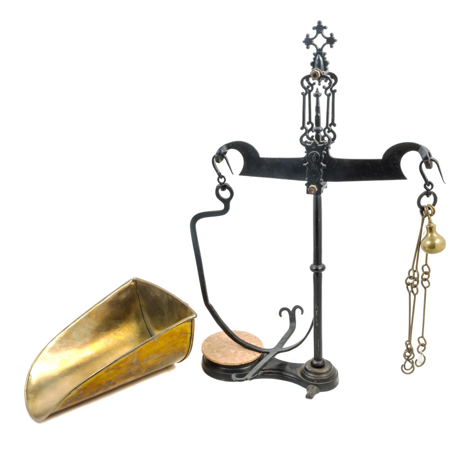 An American Brass and Wrought Iron Grain Scale Height 29 3/4 inches. — 19TH CENTURY
