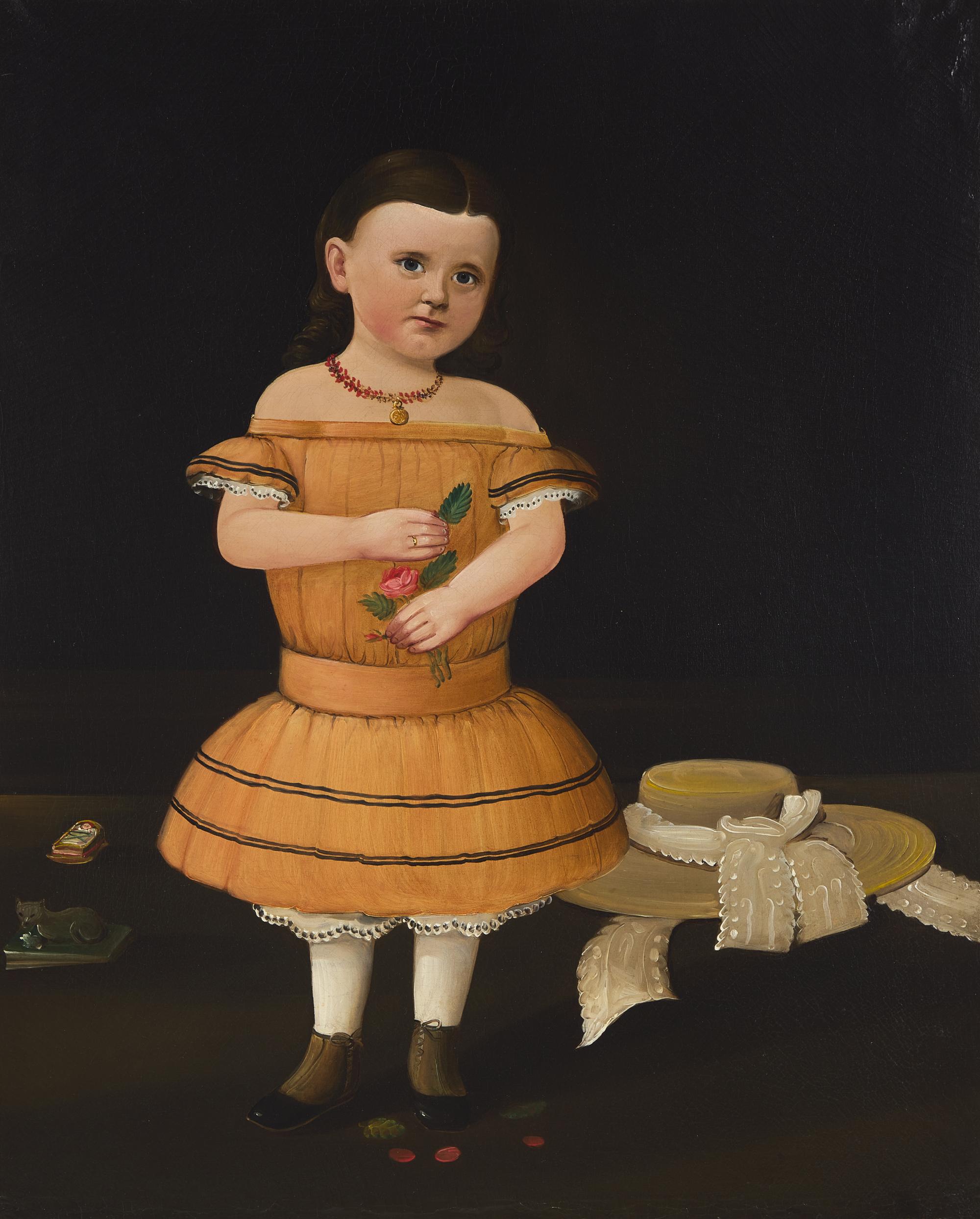 William Matthew Prior (1806-1873), A Girl in Orange with Rose, Straw Hat, and Toy Cat