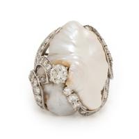 Ruser, Diamond, Baroque Cultured Pearl, and Platinum Ring