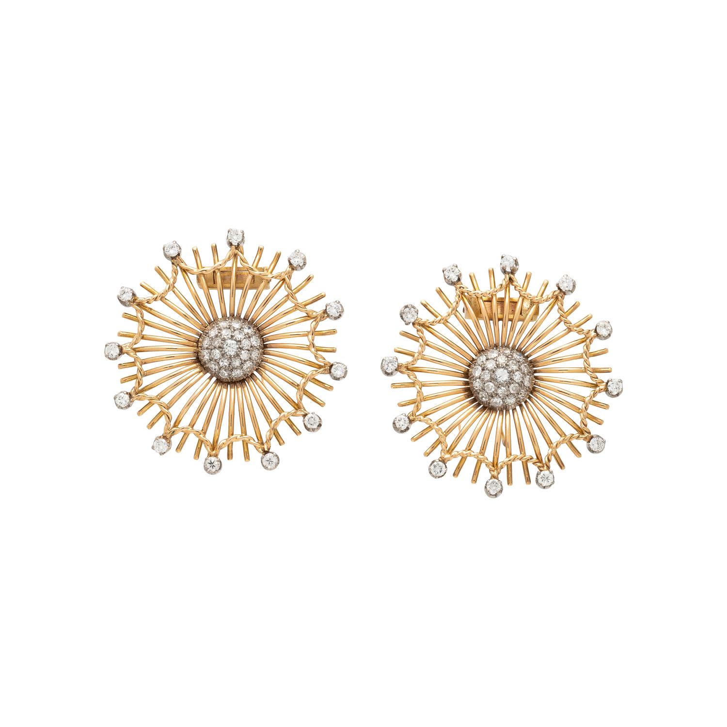 PAIR OF YELLOW GOLD AND DIAMOND BROOCHES