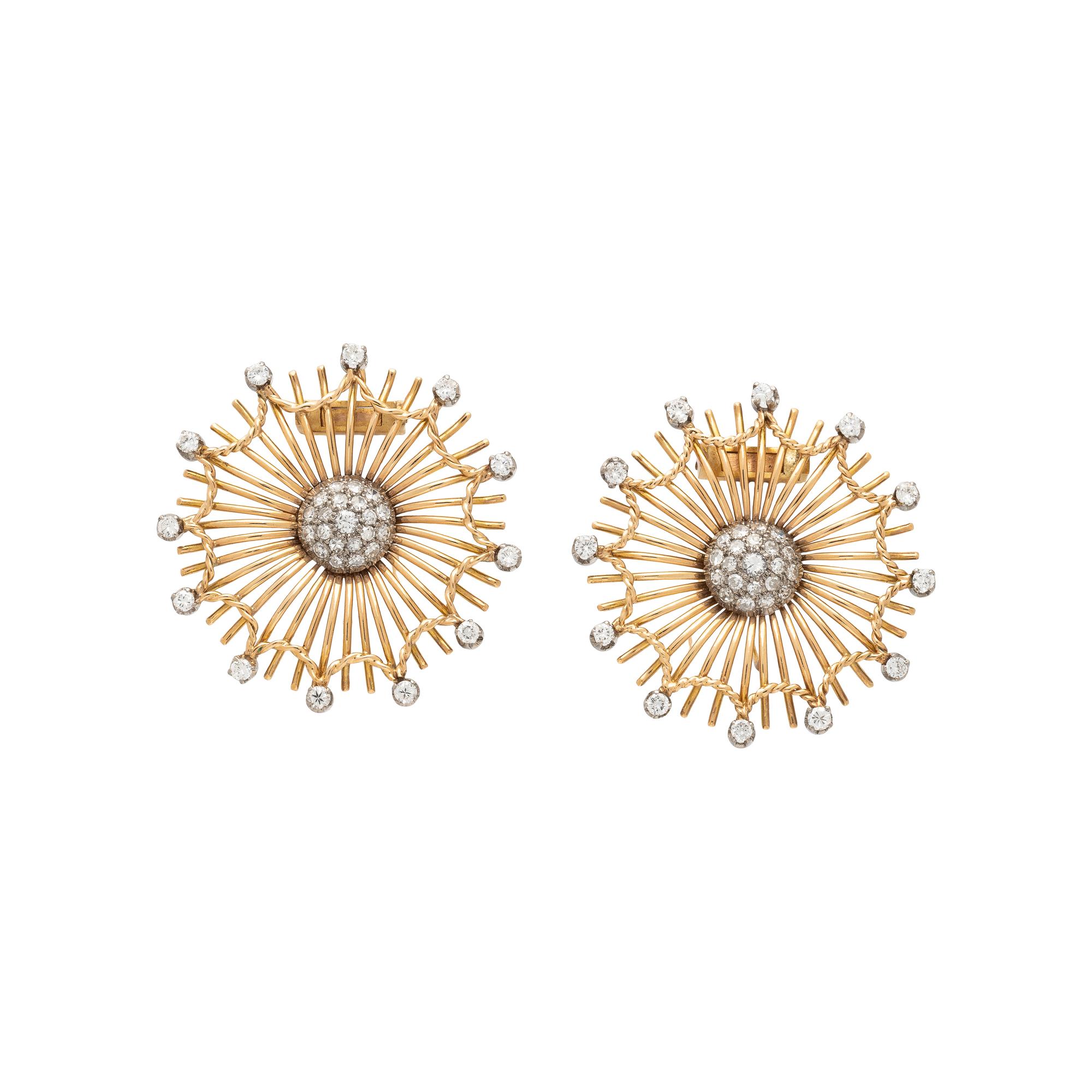 PAIR OF YELLOW GOLD AND DIAMOND BROOCHES