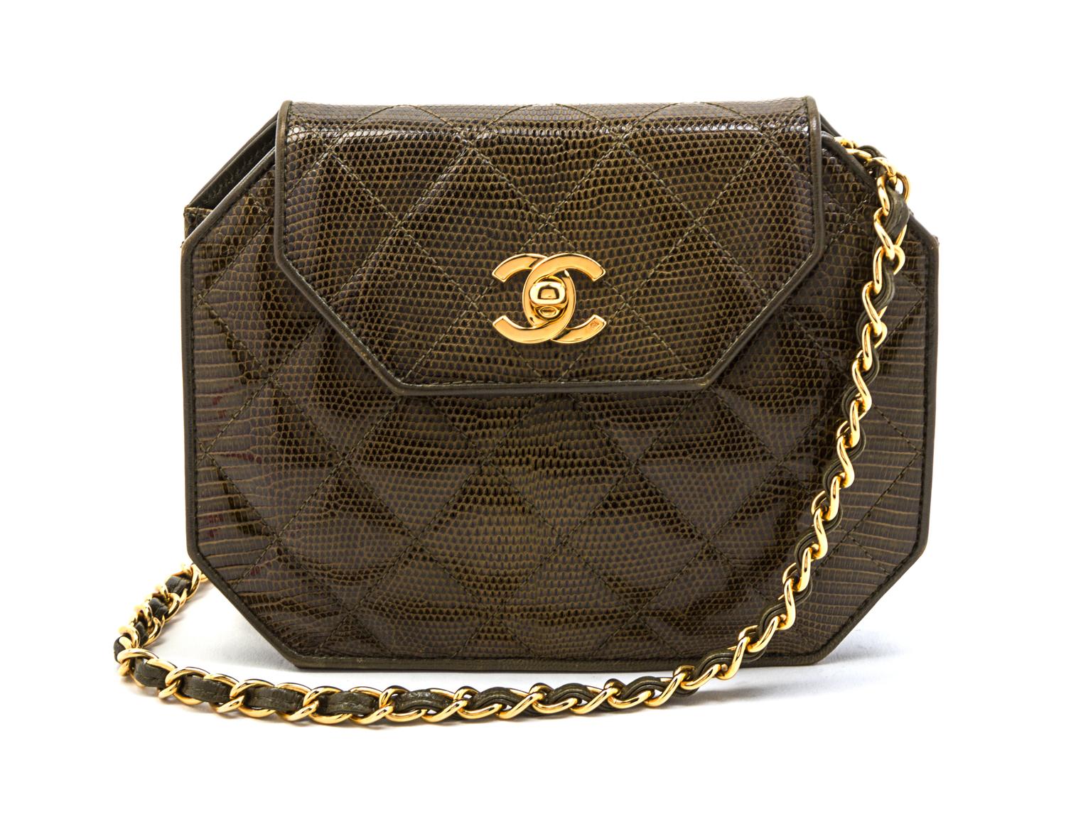 A Chanel Green Quilted Lizardskin Flap Bag, 7 x 5 x 2 inches.
