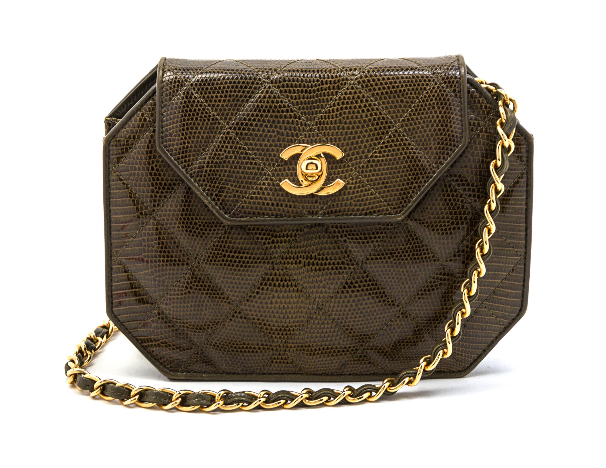 A Chanel Green Quilted Lizardskin Flap Bag, 7 x 5 x 2 inches.