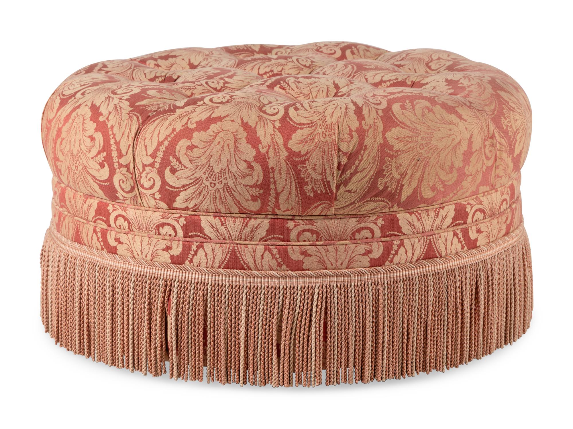A Contemporary Damask Upholstered Button Tufted Ottoman