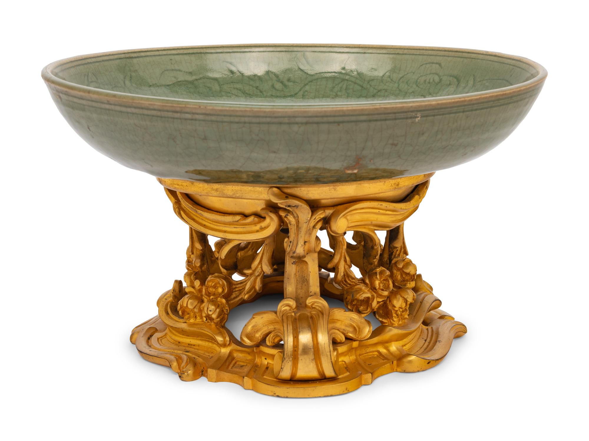A French Gilt-Bronze Mounted Chinese Celadon Glazed Porcelain Dish