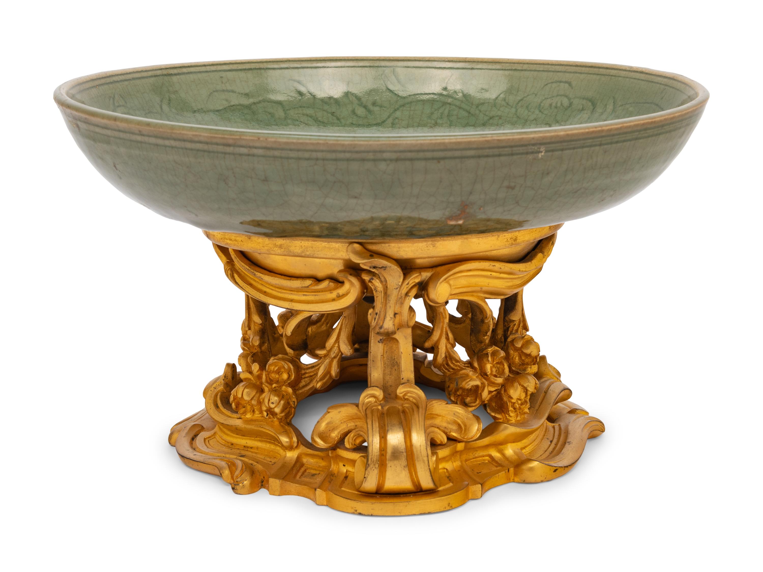 A French Gilt-Bronze Mounted Chinese Celadon Glazed Porcelain Dish