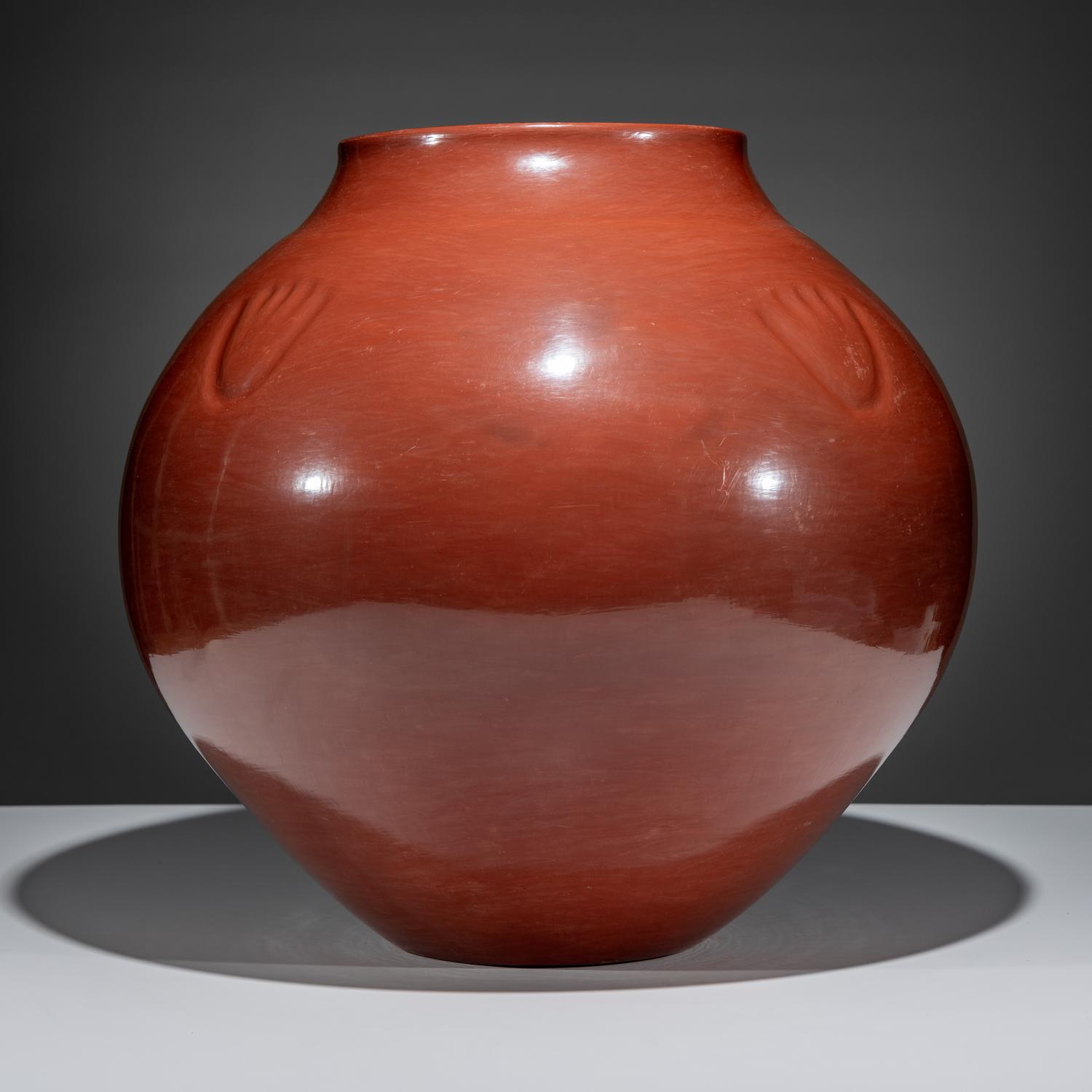 Monumental Redware Pottery Jar, with Bear Paw