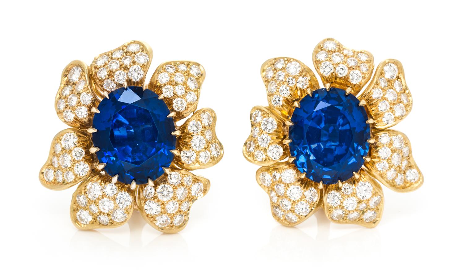 A Fine Pair of 18 Karat Yellow Gold, Unheated Sapphire and Diamond Earclips, Julius Cohen, 14.70 dwts.