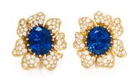 A Fine Pair of 18 Karat Yellow Gold, Unheated Sapphire and Diamond Earclips, Julius Cohen, 14.70 dwts.