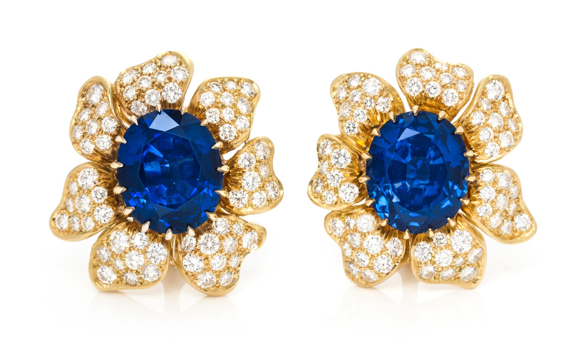 A Fine Pair of 18 Karat Yellow Gold, Unheated Sapphire and Diamond Earclips, Julius Cohen, 14.70 dwts.