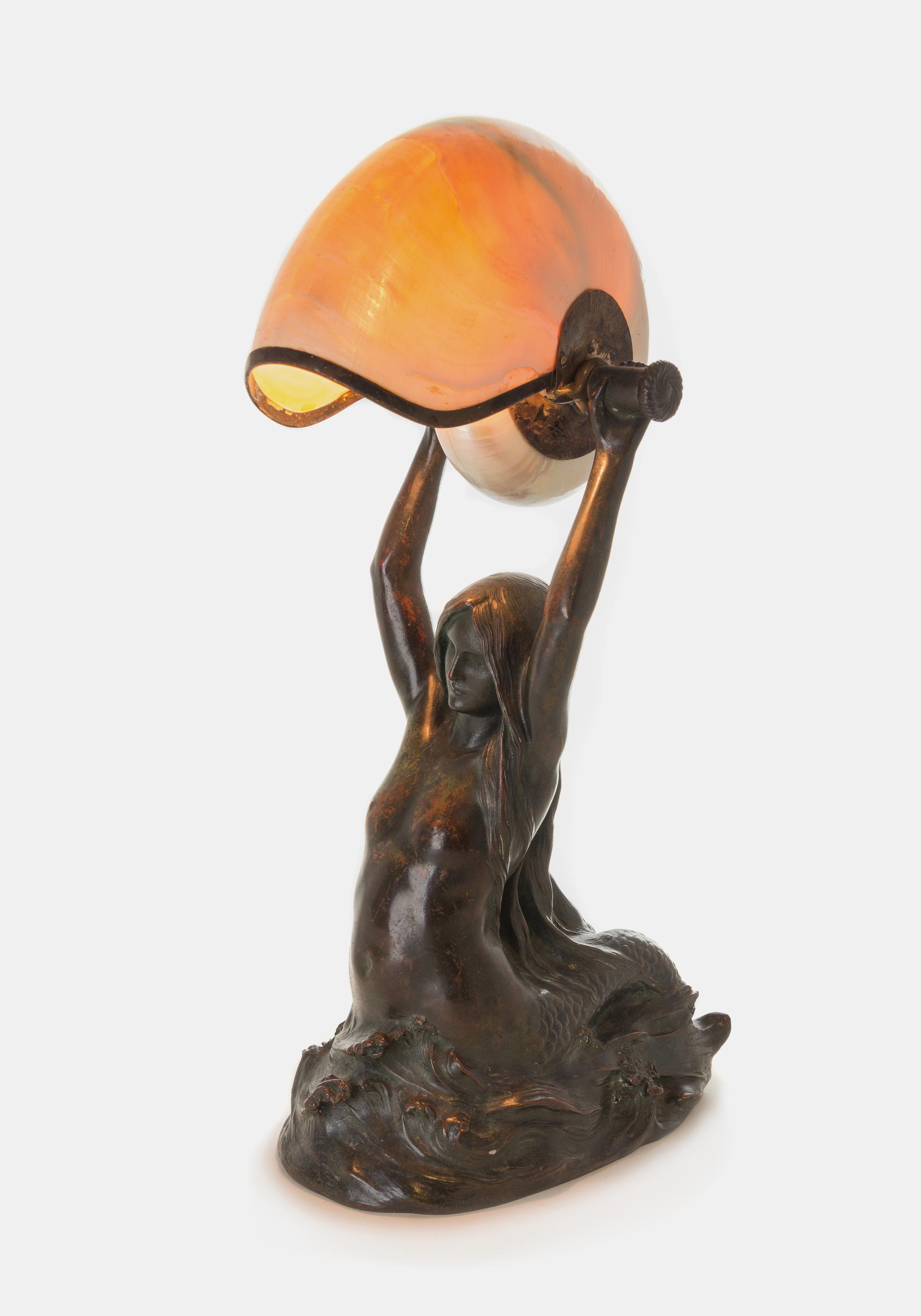 Nautilus Table Lamp, c. 1905 with a Mermaid base cast from a model by Louis Gudebrod