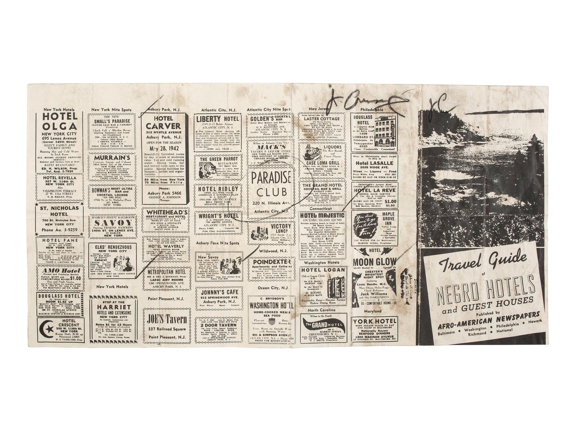 [BUSINESS]. Travel Guide of Negro Hotels and Guest Houses. Published by Afro-American Newspapers of Baltimore, Washington, Philadelphia, Newark, and Richmond, [ca 1942].