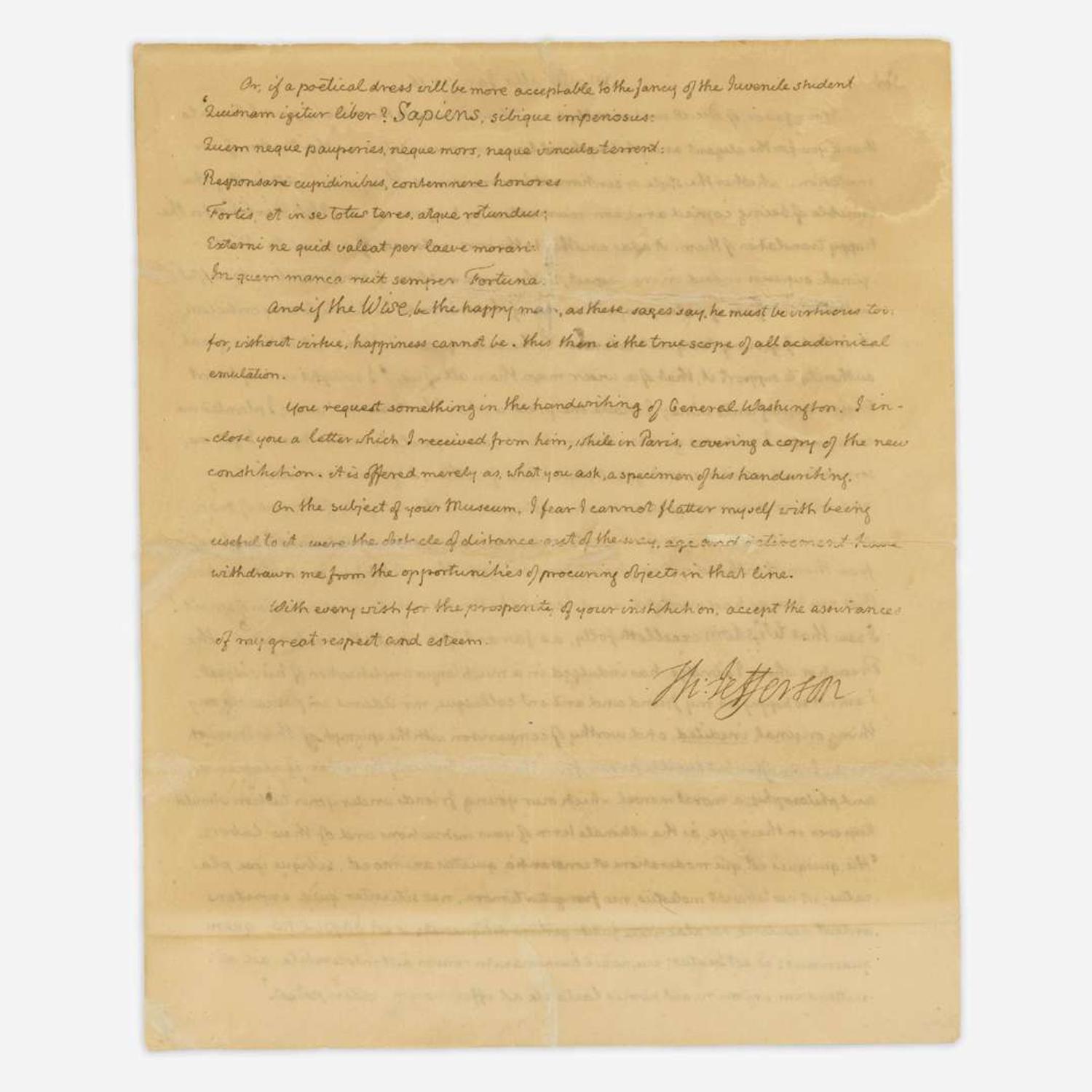 [Washington, George] Jefferson, Thomas Autograph Letter, signed