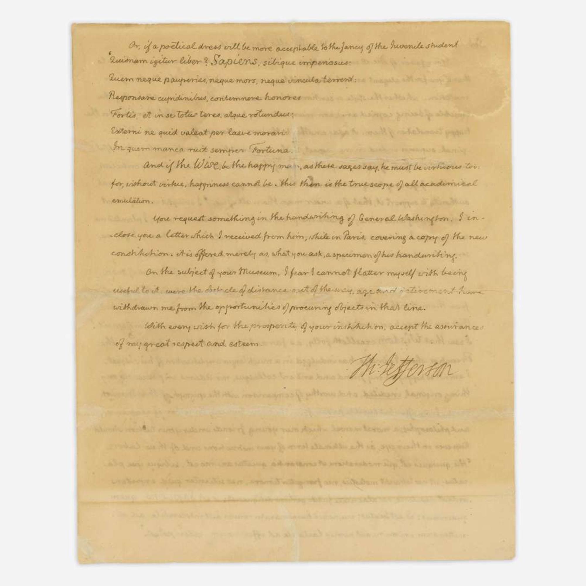 [Washington, George] Jefferson, Thomas Autograph Letter, signed