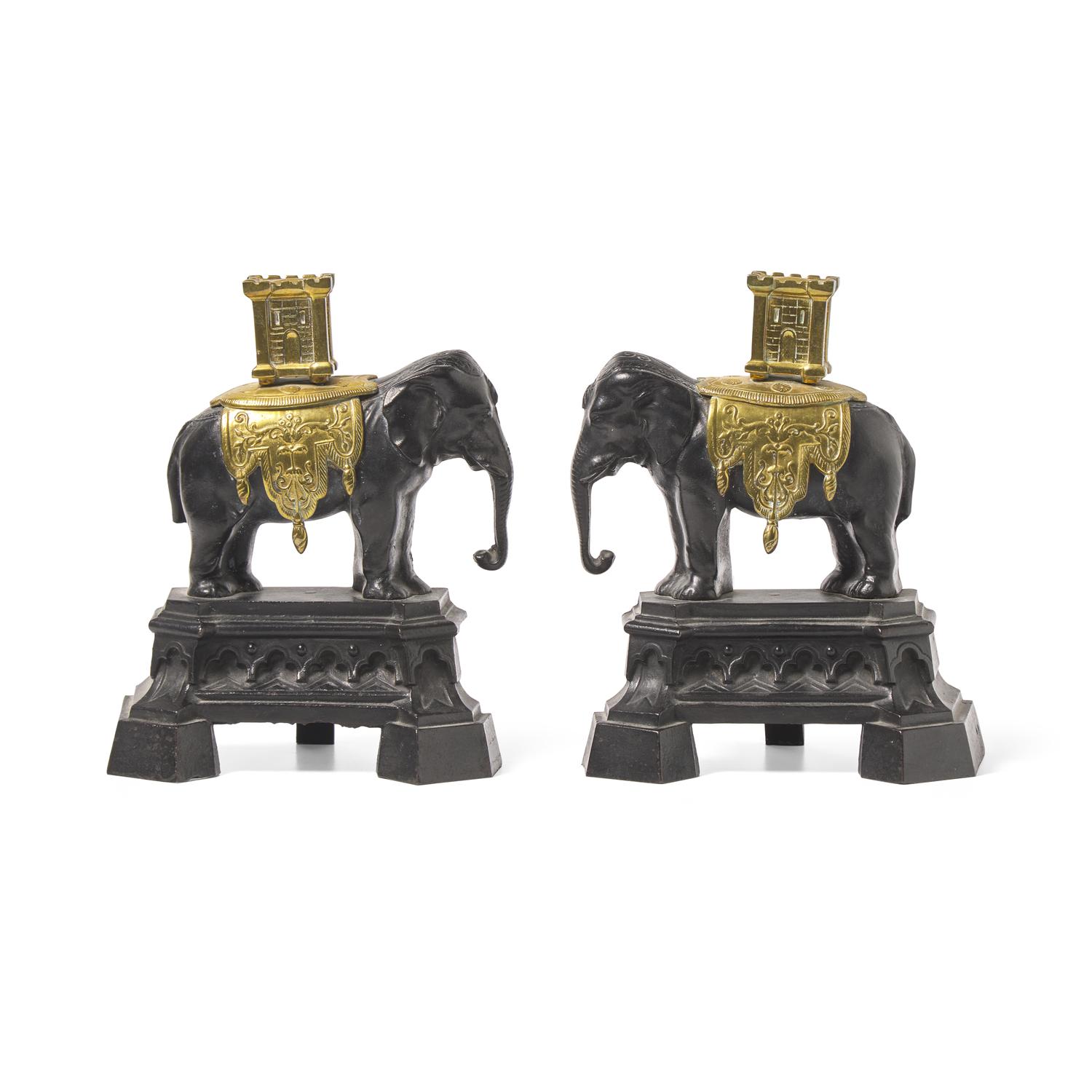 A Pair of French Patinated and Gilt Bronze Elephant-Form Chenets