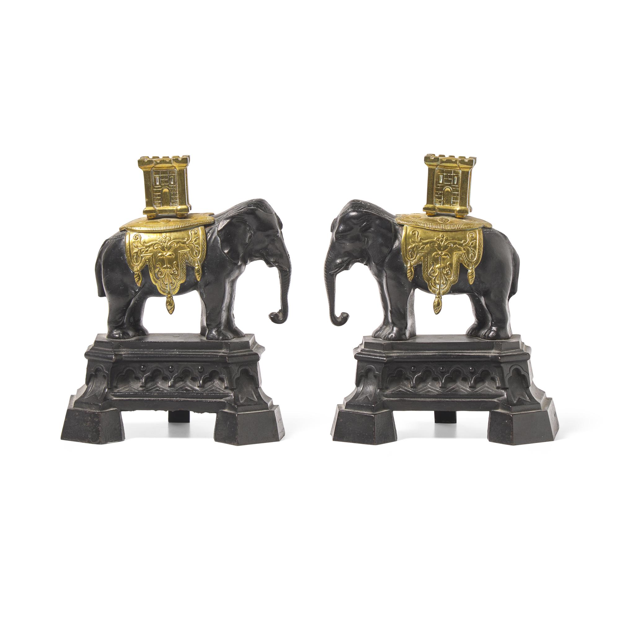 A Pair of French Patinated and Gilt Bronze Elephant-Form Chenets
