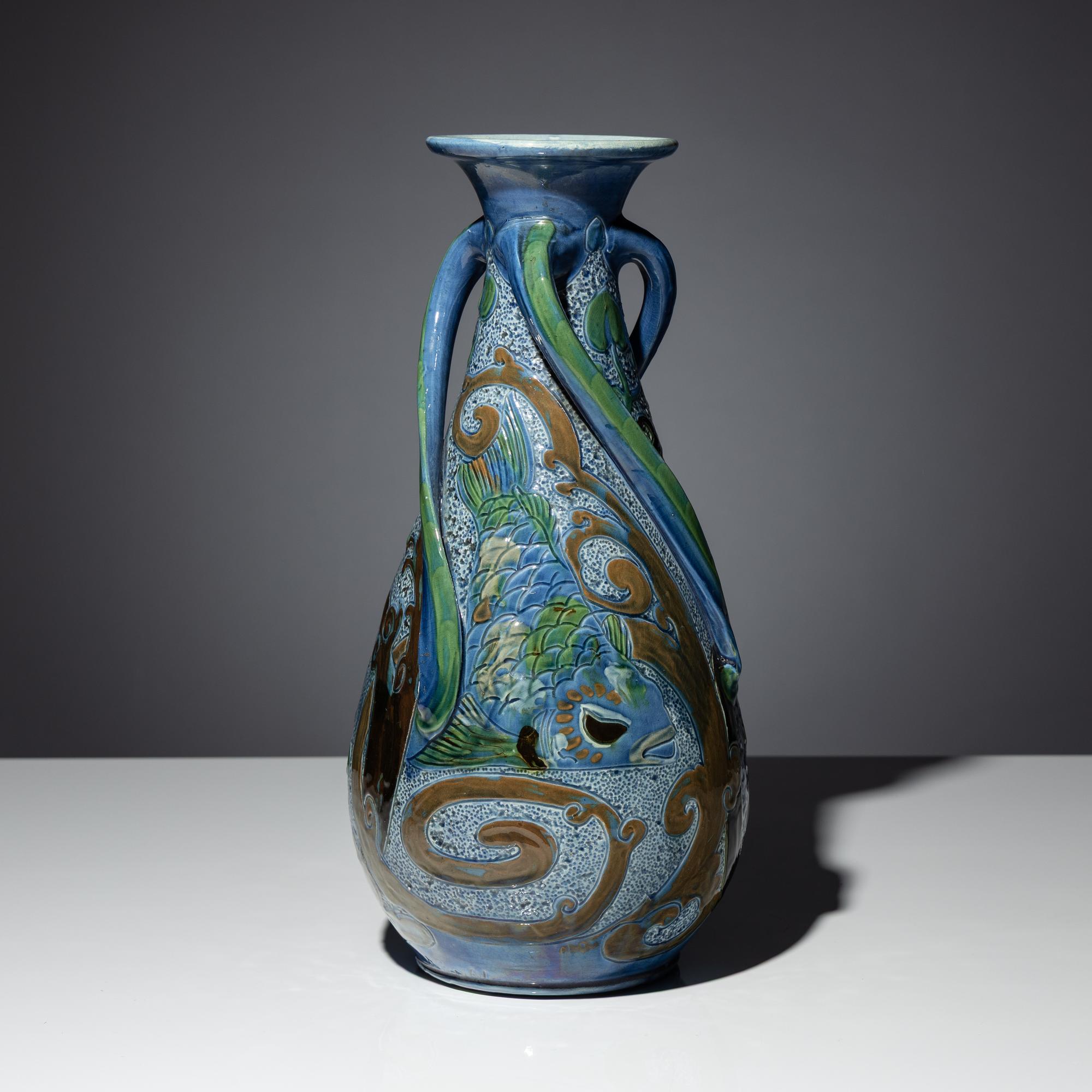 Three-handled vase with koi decor, 1907