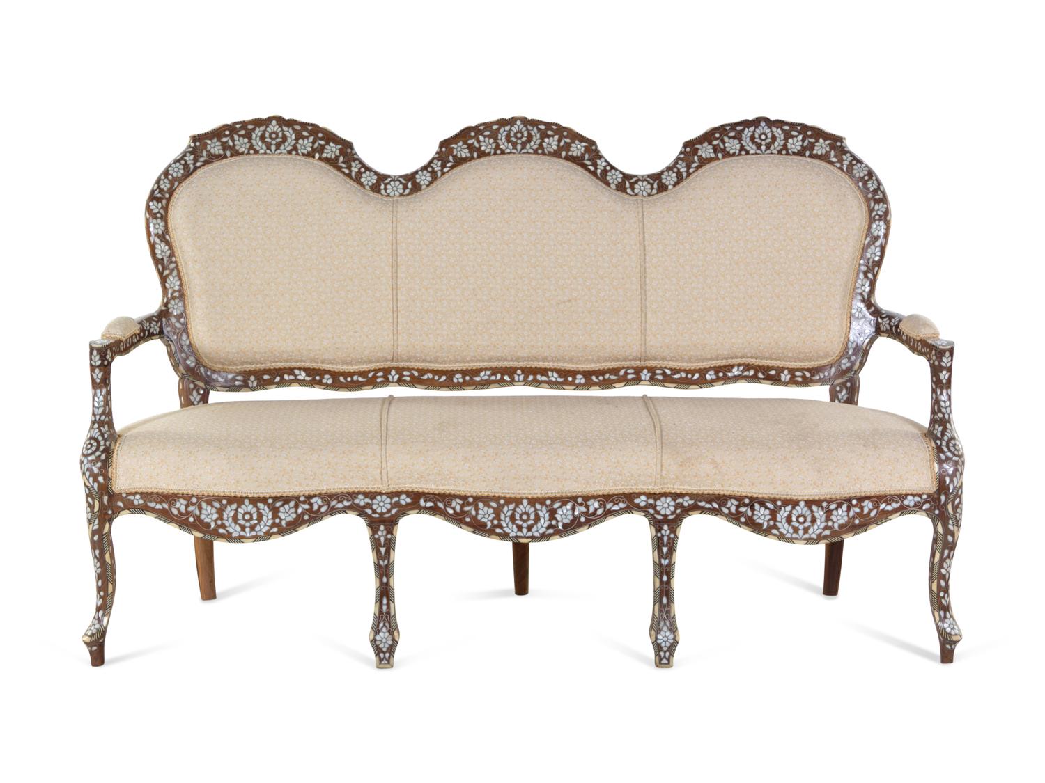 A Syrian Mother-of-Pearl and Metal Inlaid Walnut Settee