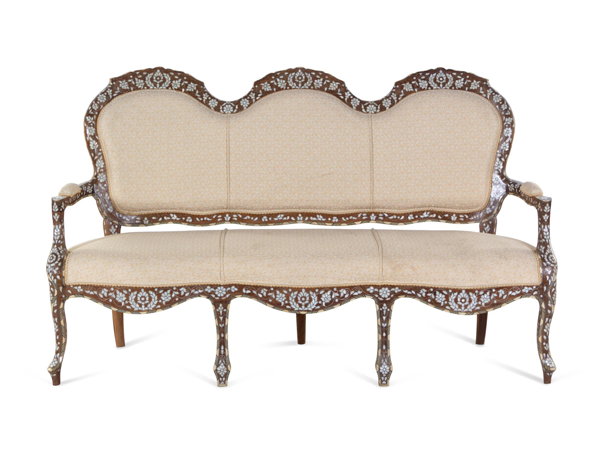 A Syrian Mother-of-Pearl and Metal Inlaid Walnut Settee