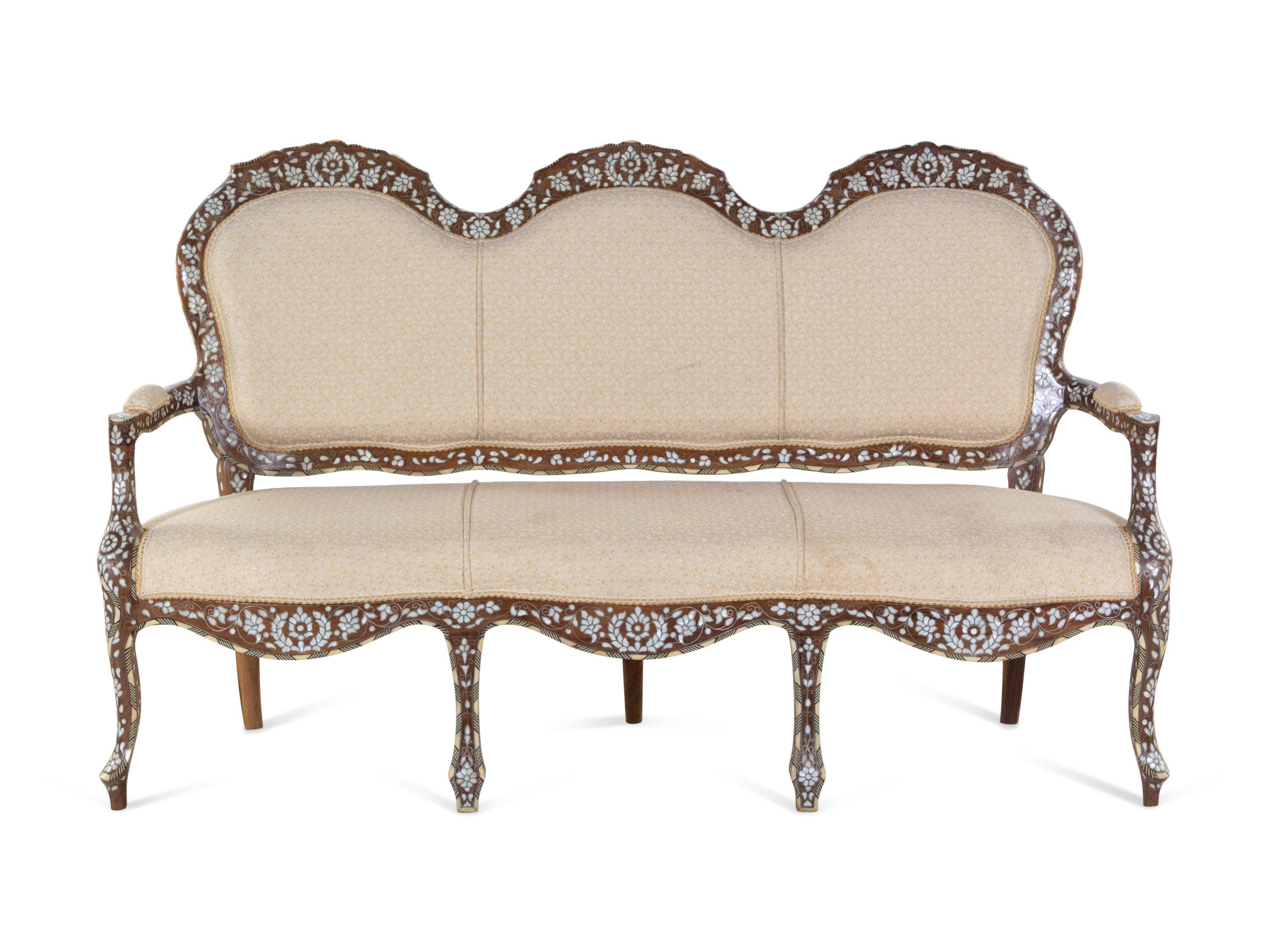 A Syrian Mother-of-Pearl and Metal Inlaid Walnut Settee
