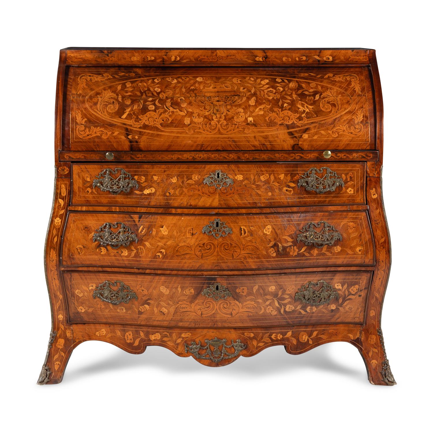 A Dutch Walnut and Marquetry Cylinder Bureau