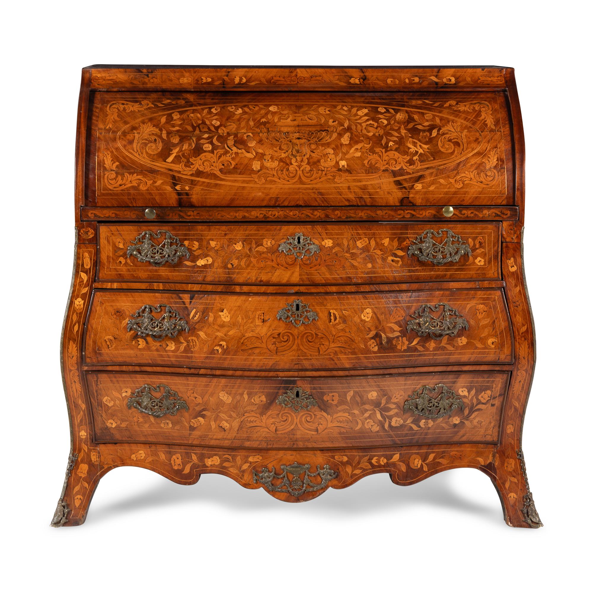 A Dutch Walnut and Marquetry Cylinder Bureau