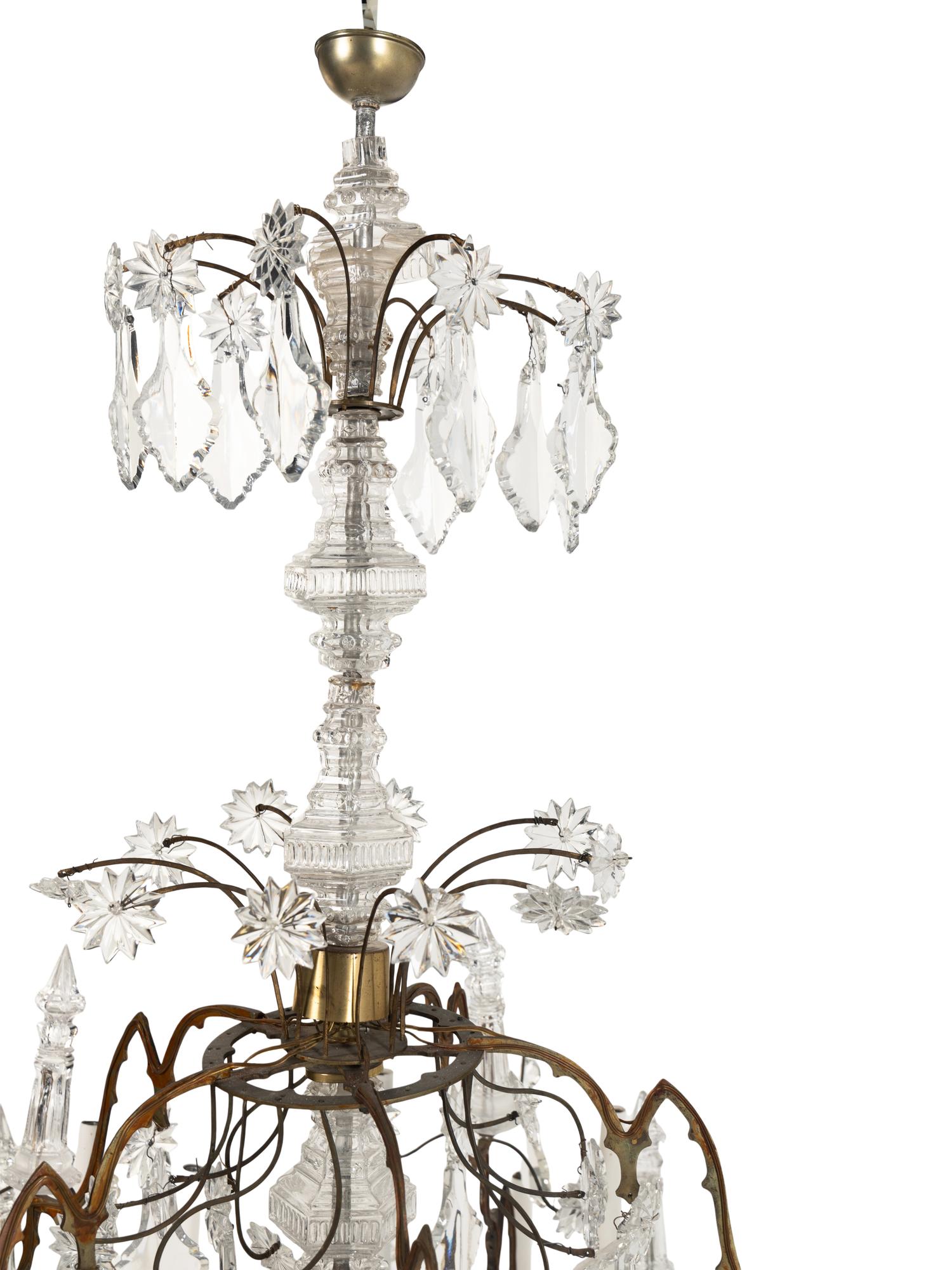 A Continental Brass and Cut Glass Twenty-Light Chandelier
