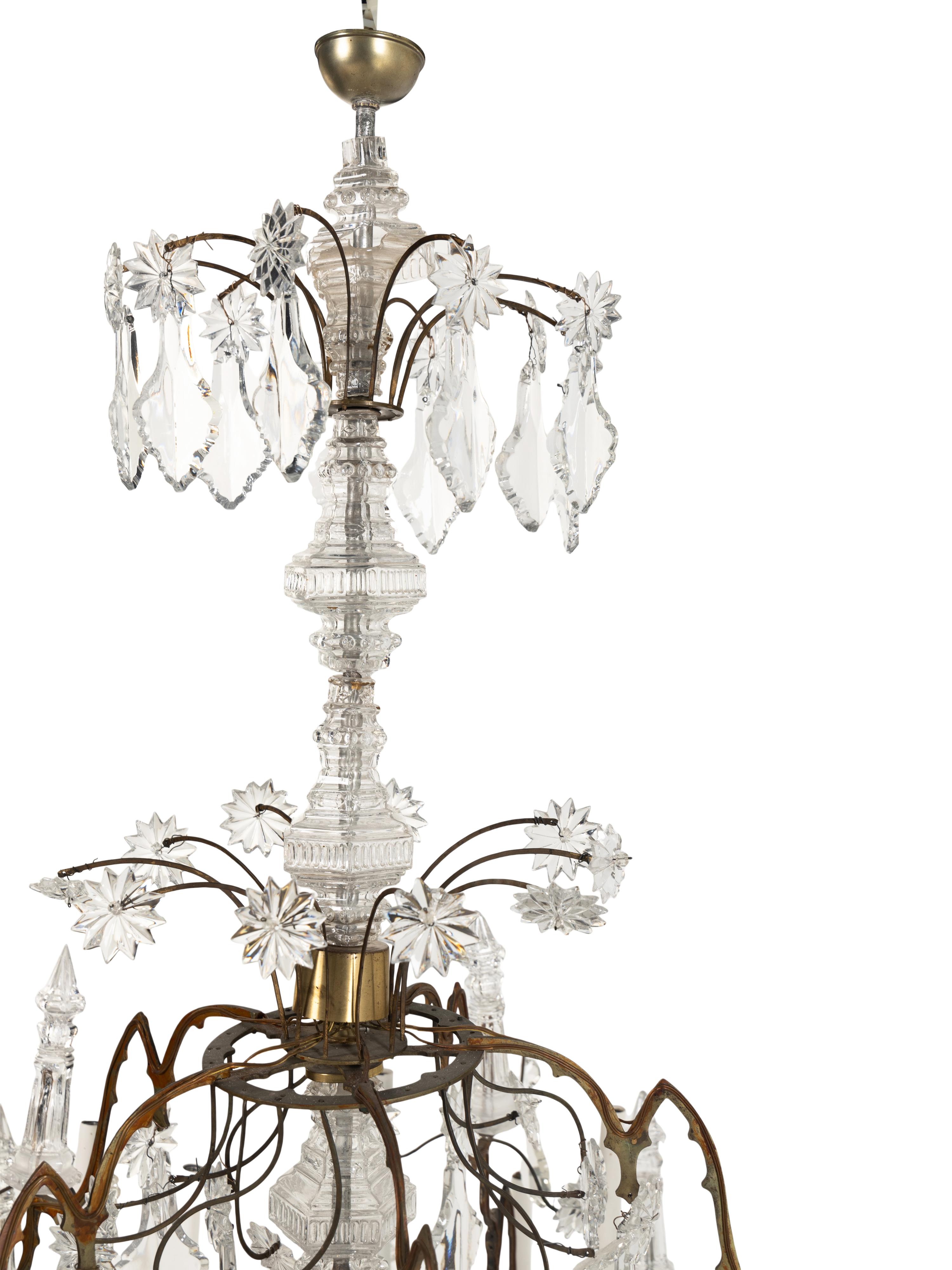 A Continental Brass and Cut Glass Twenty-Light Chandelier