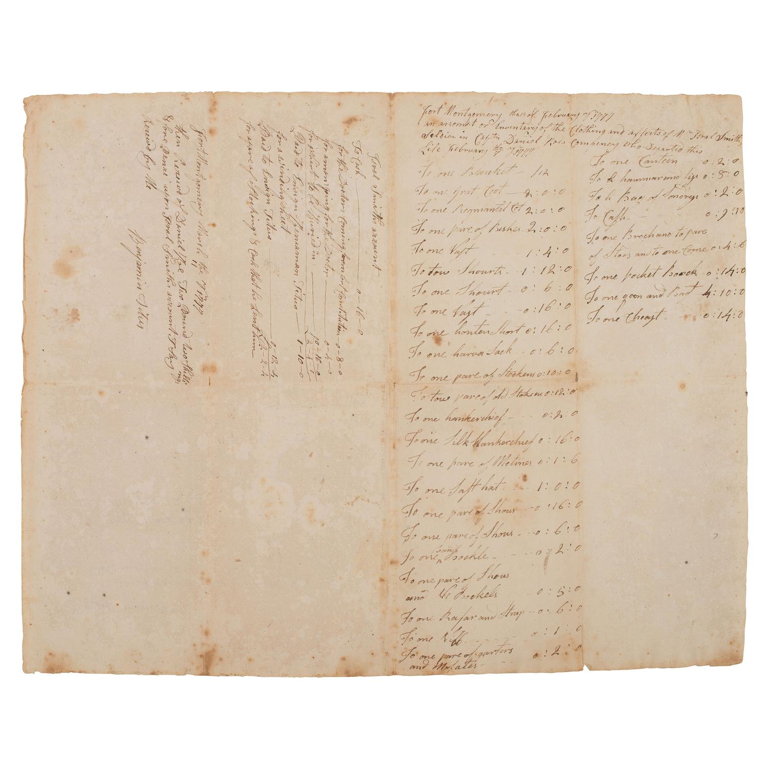 [REVOLUTIONARY WAR]. "An Recompts (or Enventory) of the Cloathing and Effects of Mr. Israel Smith...." Fort Montgomery, [New York]. 18 February 1777.