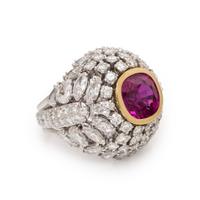 Synthetic Pink Sapphire, Diamond, and Platinum Bombé Ring