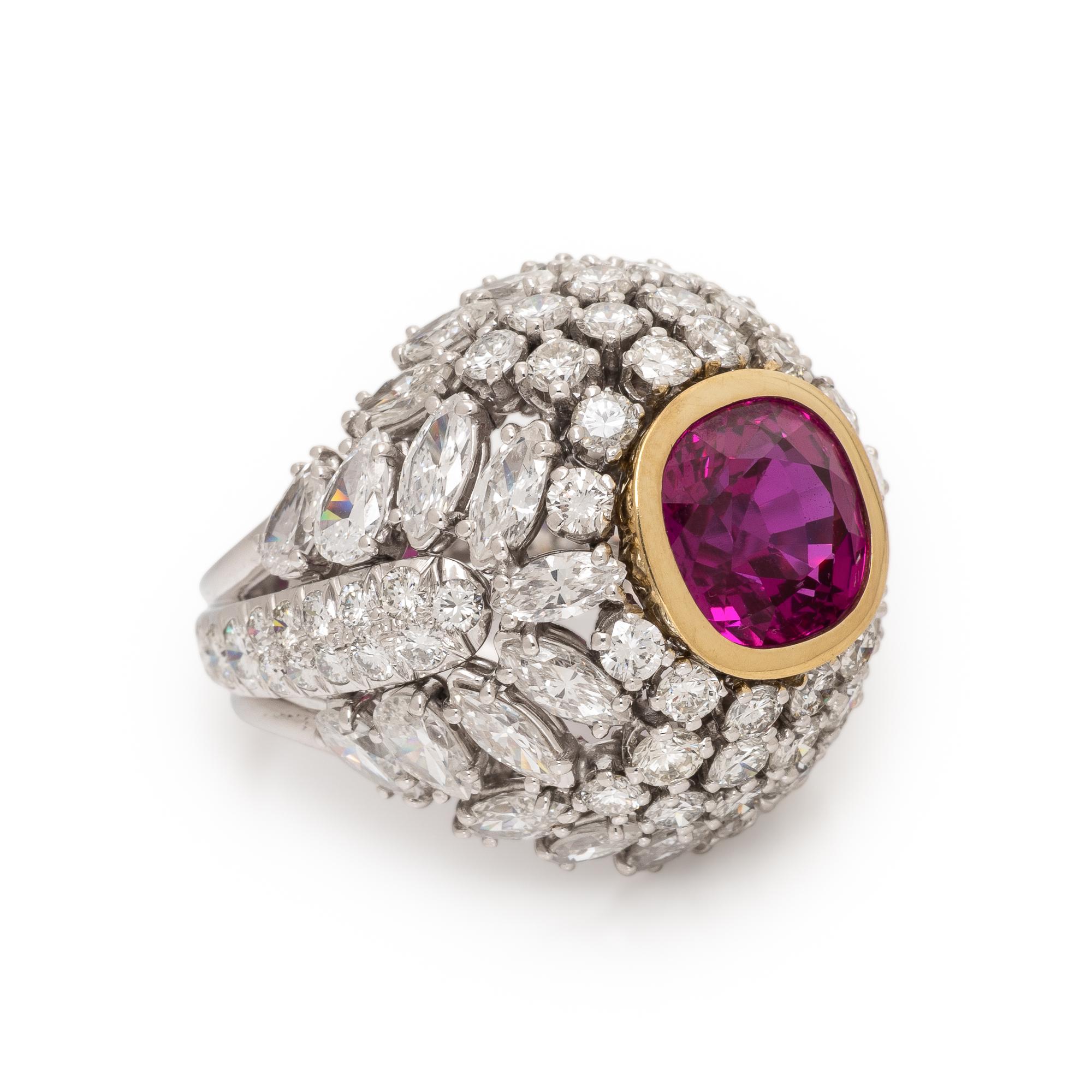 Synthetic Pink Sapphire, Diamond, and Platinum Bombé Ring