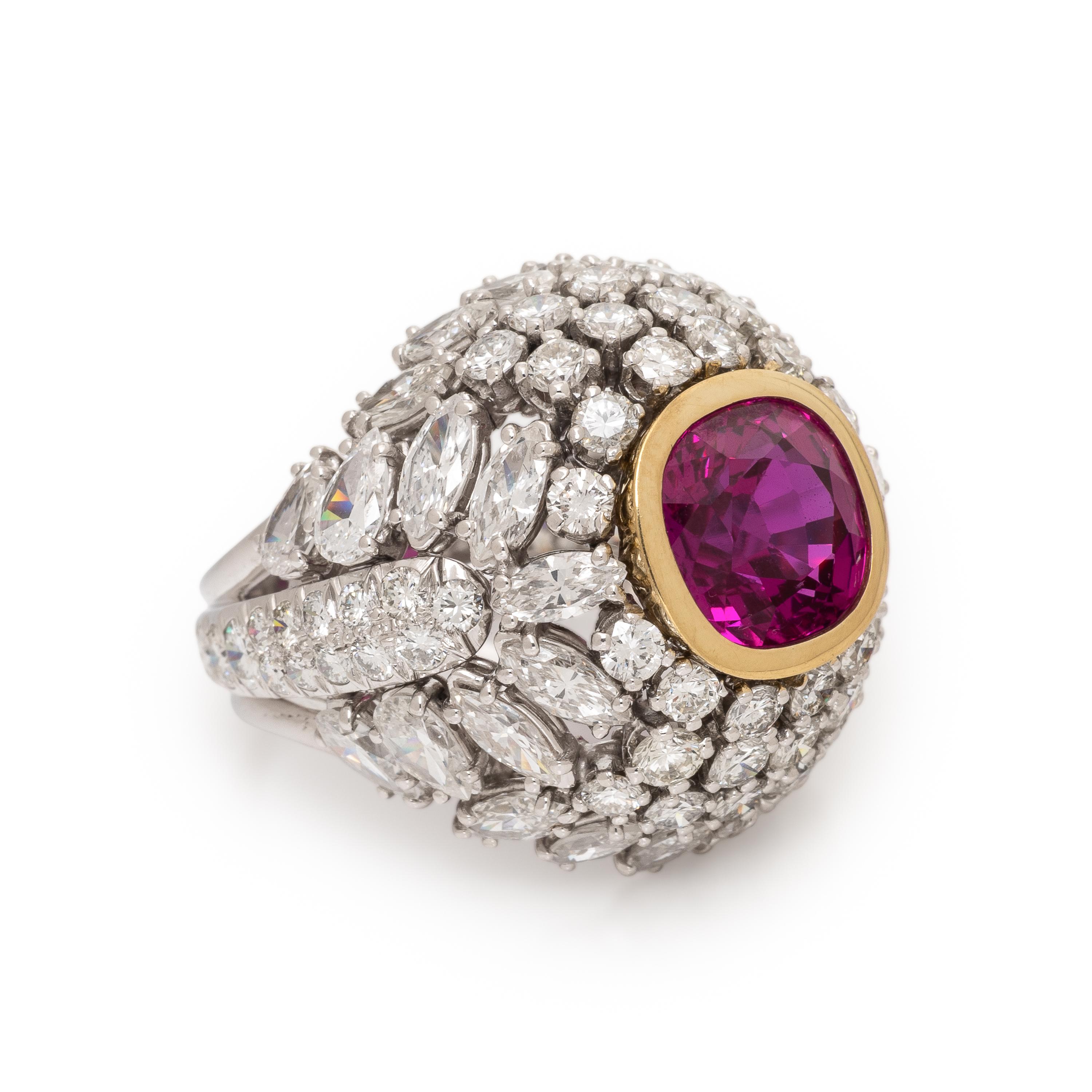 Synthetic Pink Sapphire, Diamond, and Platinum Bombé Ring